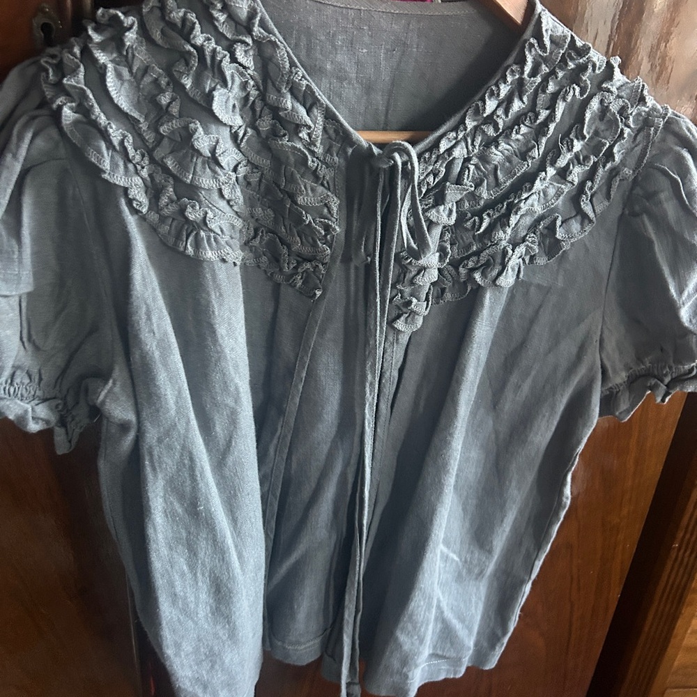 Gray Linen Ruffled Women's Top